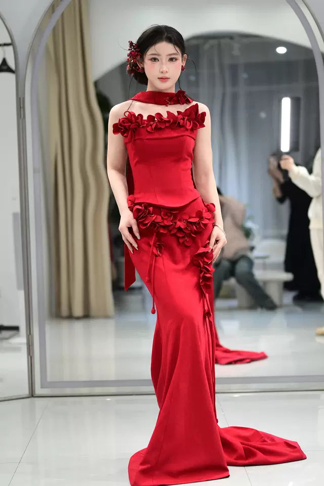 Wonderful Strapless Appliques Prom Dress With Scarf Burgundy Mermaid Formal Dress AP7049