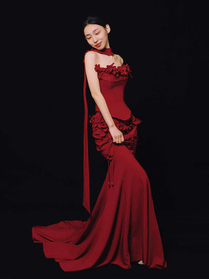 Wonderful Strapless Appliques Prom Dress With Scarf Burgundy Mermaid Formal Dress AP7049