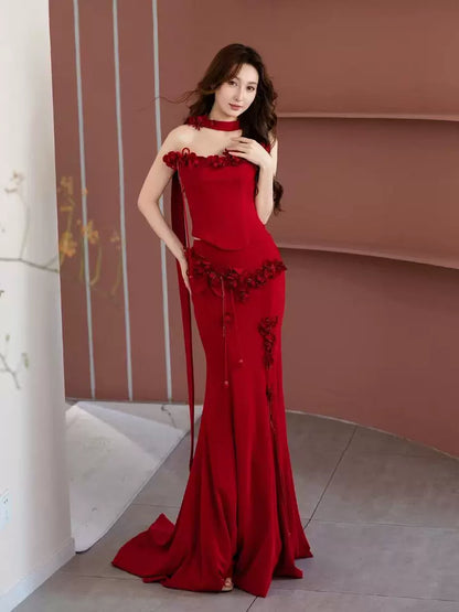 Wonderful Strapless Appliques Prom Dress With Scarf Burgundy Mermaid Formal Dress AP7049