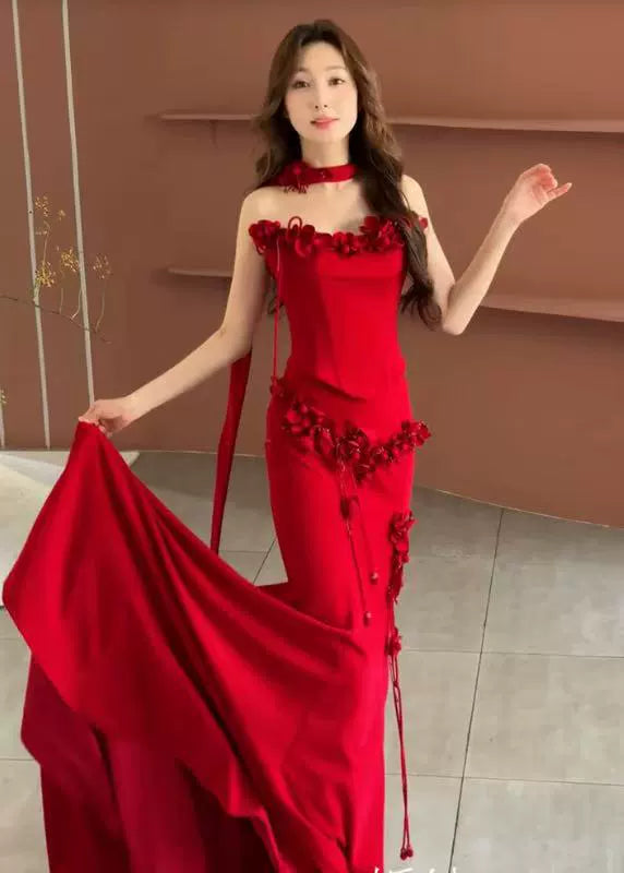 Wonderful Strapless Appliques Prom Dress With Scarf Burgundy Mermaid Formal Dress AP7049