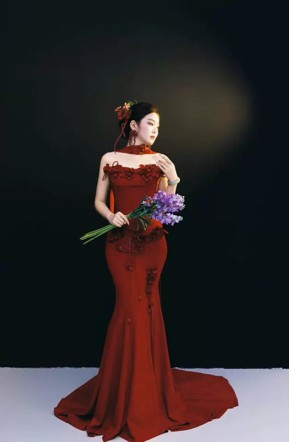 Wonderful Strapless Appliques Prom Dress With Scarf Burgundy Mermaid Formal Dress AP7049