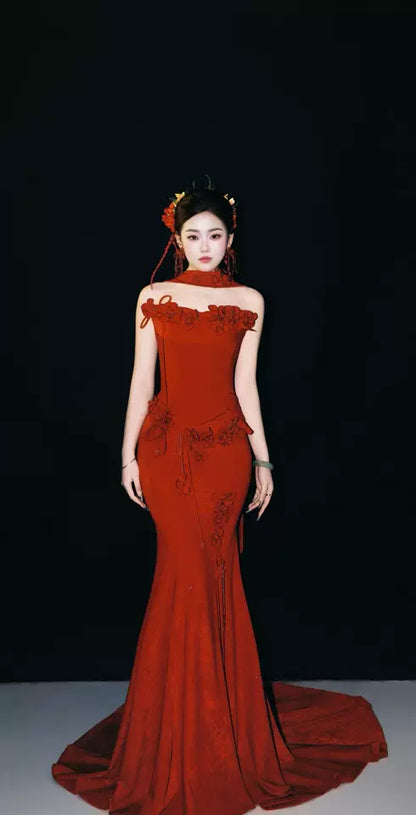 Wonderful Strapless Appliques Prom Dress With Scarf Burgundy Mermaid Formal Dress AP7049