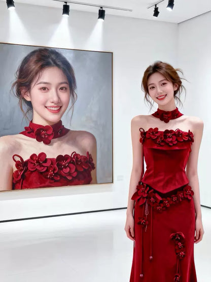 Wonderful Strapless Appliques Prom Dress With Scarf Burgundy Mermaid Formal Dress AP7049