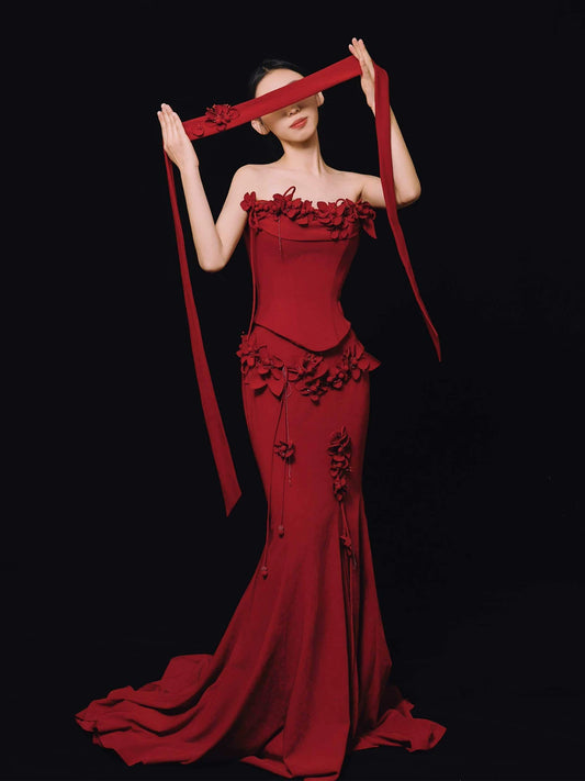 Wonderful Strapless Appliques Prom Dress With Scarf Burgundy Mermaid Formal Dress AP7049