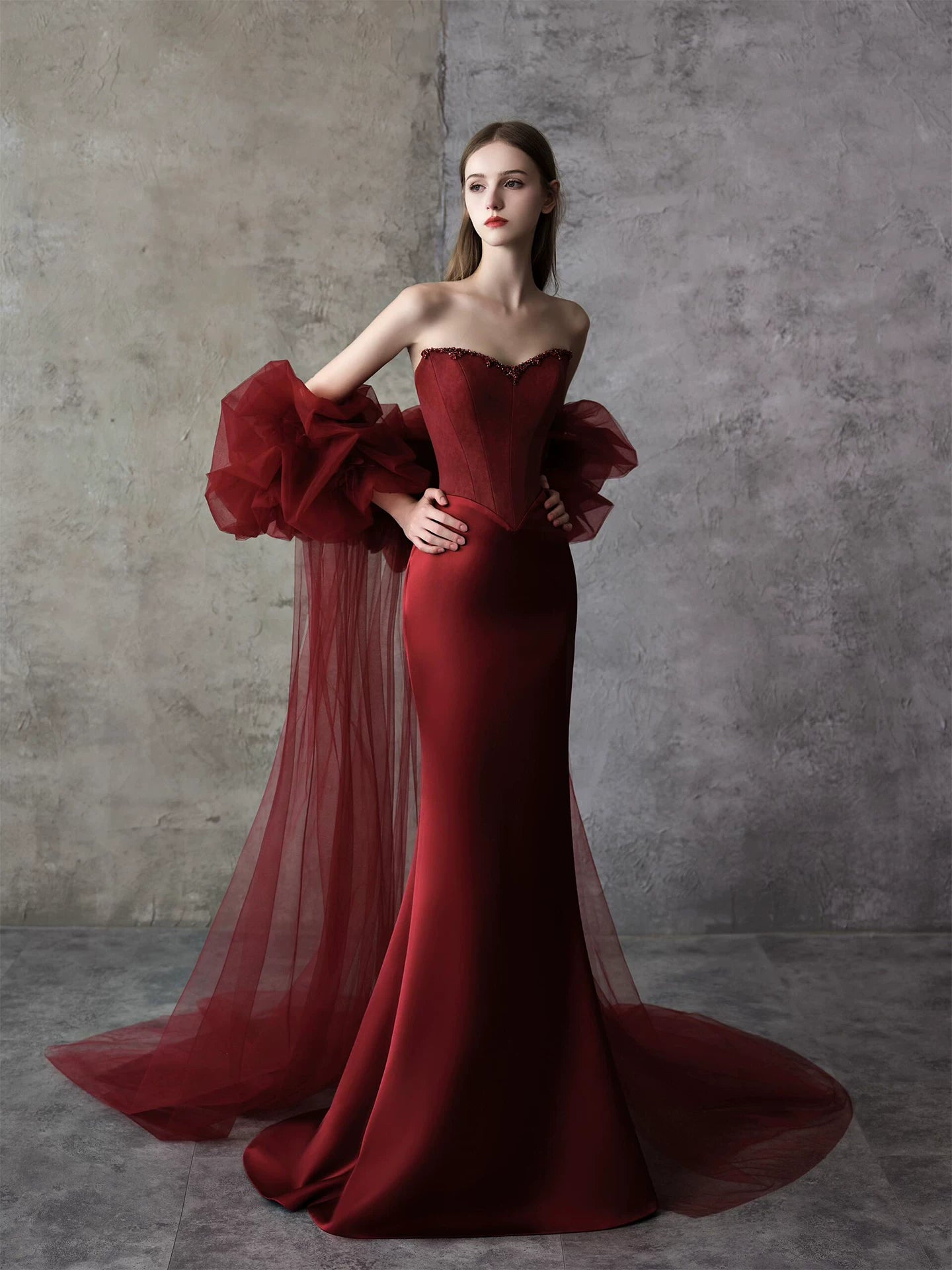 Amazing Strapless Beads Prom Dress With Shawl Burgundy Mermaid Formal Dress AP7050
