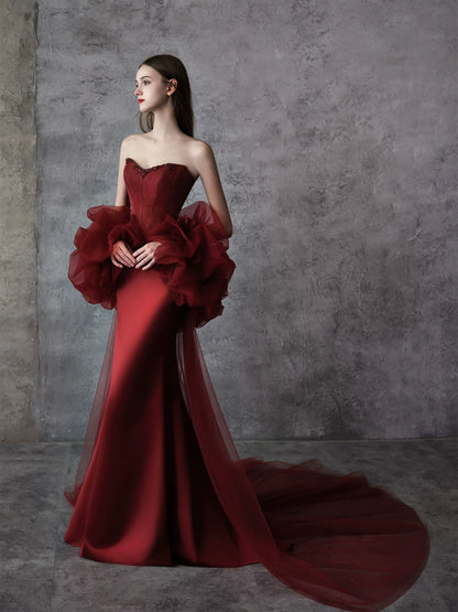 Amazing Strapless Beads Prom Dress With Shawl Burgundy Mermaid Formal Dress AP7050
