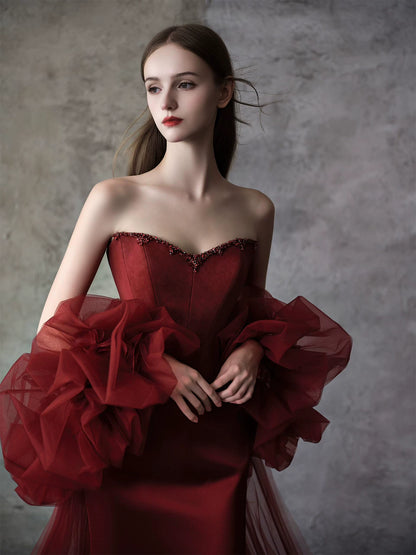 Amazing Strapless Beads Prom Dress With Shawl Burgundy Mermaid Formal Dress AP7050