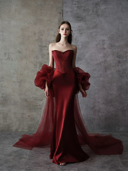 Amazing Strapless Beads Prom Dress With Shawl Burgundy Mermaid Formal Dress AP7050