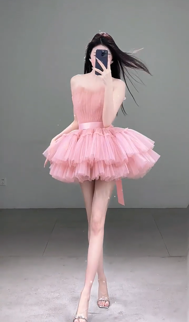 Appealing Strapless Homecoming Dress Tiered Pink Hoco Outfit Sequins Tulle A-Line Birthday Gown AP7051