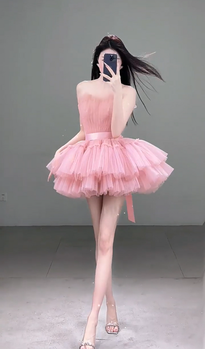 Appealing Strapless Homecoming Dress Tiered Pink Hoco Outfit Sequins Tulle A-Line Birthday Gown AP7051