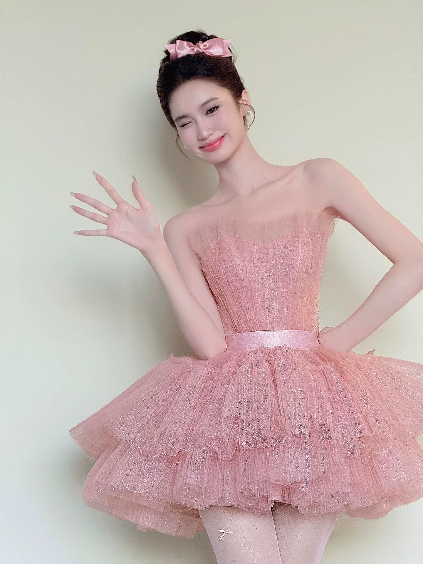 Appealing Strapless Homecoming Dress Tiered Pink Hoco Outfit Sequins Tulle A-Line Birthday Gown AP7051