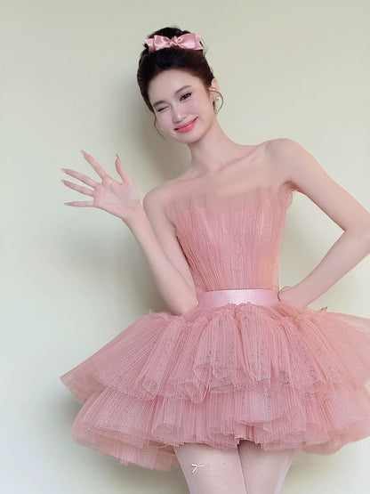 Appealing Strapless Homecoming Dress Tiered Pink Hoco Outfit Sequins Tulle A-Line Birthday Gown AP7051