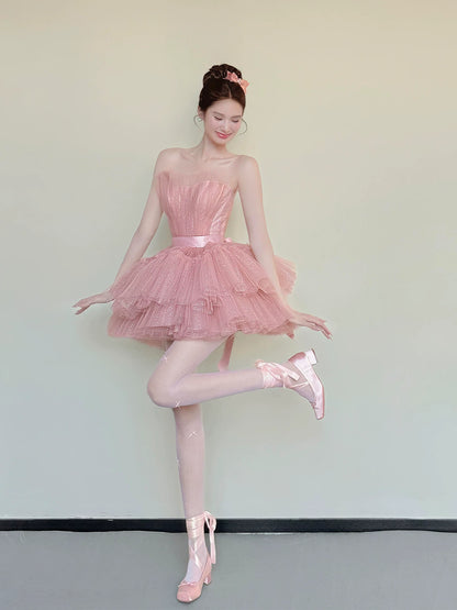 Appealing Strapless Homecoming Dress Tiered Pink Hoco Outfit Sequins Tulle A-Line Birthday Gown AP7051