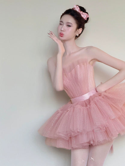 Appealing Strapless Homecoming Dress Tiered Pink Hoco Outfit Sequins Tulle A-Line Birthday Gown AP7051