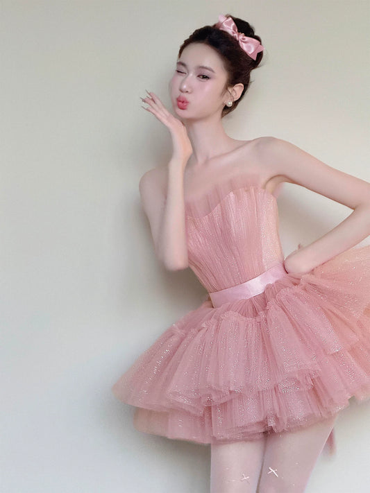 Appealing Strapless Homecoming Dress Tiered Pink Hoco Outfit Sequins Tulle A-Line Birthday Gown AP7051