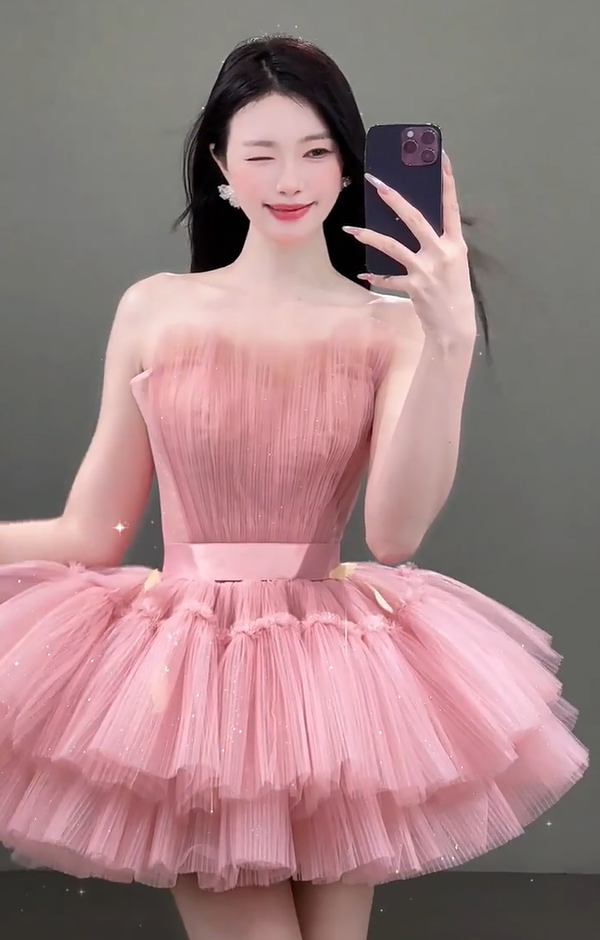 Appealing Strapless Homecoming Dress Tiered Pink Hoco Outfit Sequins Tulle A-Line Birthday Gown AP7051
