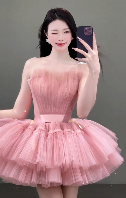 Appealing Strapless Homecoming Dress Tiered Pink Hoco Outfit Sequins Tulle A-Line Birthday Gown AP7051