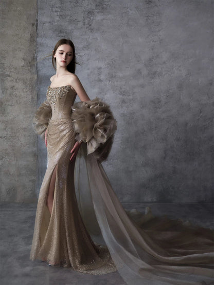 Fascinating Strapless Slit Prom Dress With Shawl Beading Sequins Mermaid Formal Dress AP7052