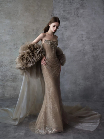 Fascinating Strapless Slit Prom Dress With Shawl Beading Sequins Mermaid Formal Dress AP7052