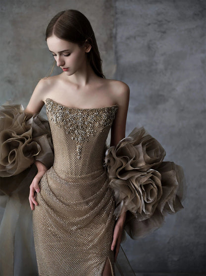 Fascinating Strapless Slit Prom Dress With Shawl Beading Sequins Mermaid Formal Dress AP7052