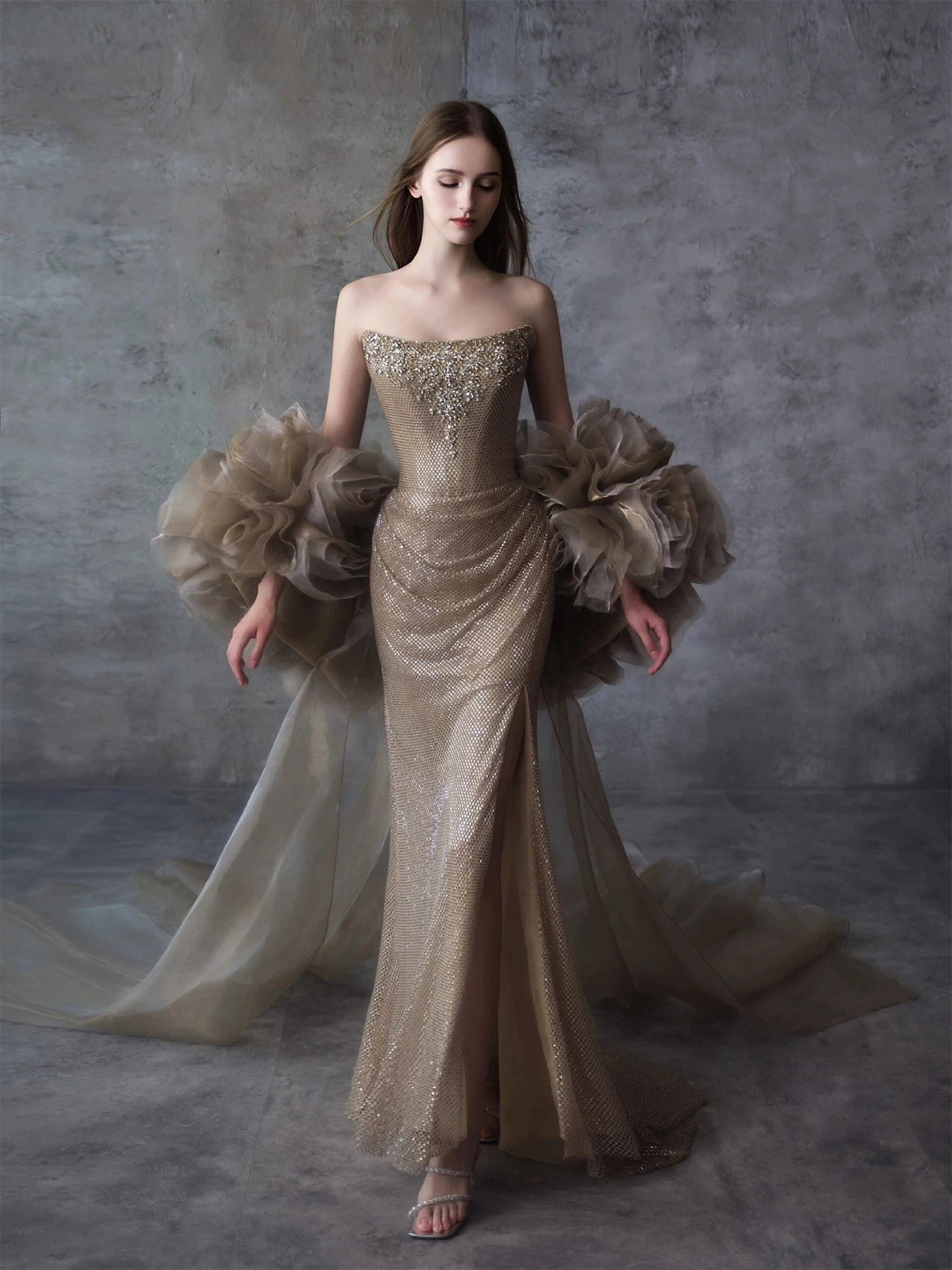 Fascinating Strapless Slit Prom Dress With Shawl Beading Sequins Mermaid Formal Dress AP7052