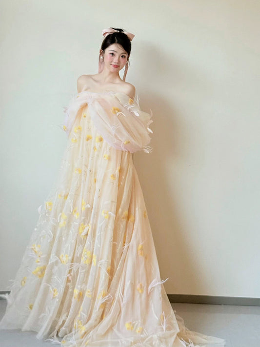 Voluminous Off-Shoulder Light Yellow Prom Dress Appliques Feather A-Line Formal Dress AP7053