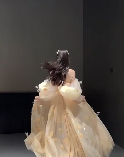Voluminous Off-Shoulder Light Yellow Prom Dress Appliques Feather A-Line Formal Dress AP7053