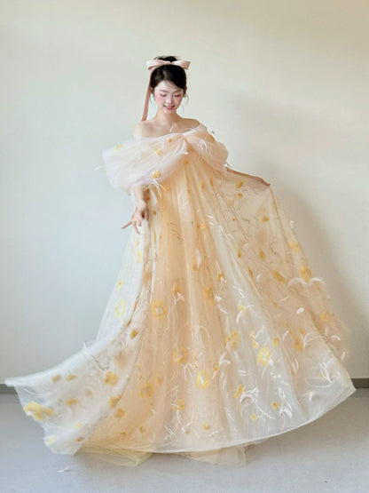 Voluminous Off-Shoulder Light Yellow Prom Dress Appliques Feather A-Line Formal Dress AP7053