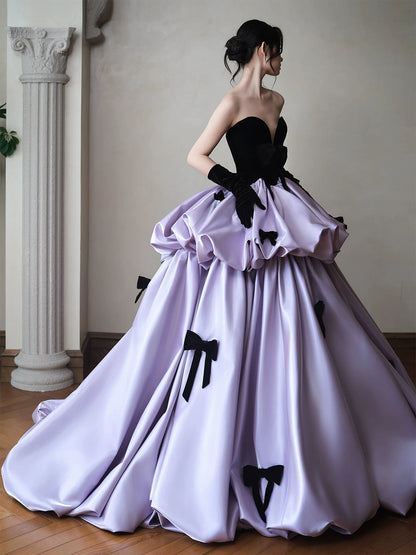 Splendid Strapless Black Velvet Prom Dress With Sleeve Purple Satin Bows A-Line Formal Gowns AP7054