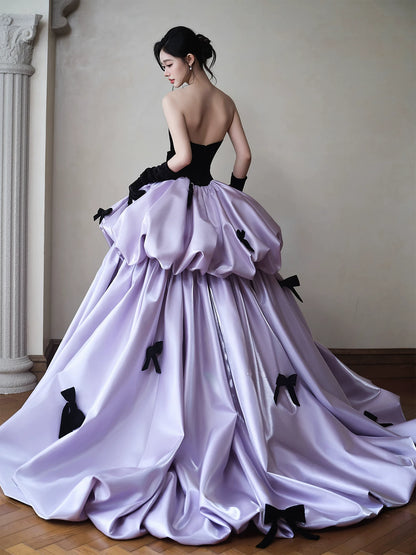 Splendid Strapless Black Velvet Prom Dress With Sleeve Purple Satin Bows A-Line Formal Gowns AP7054