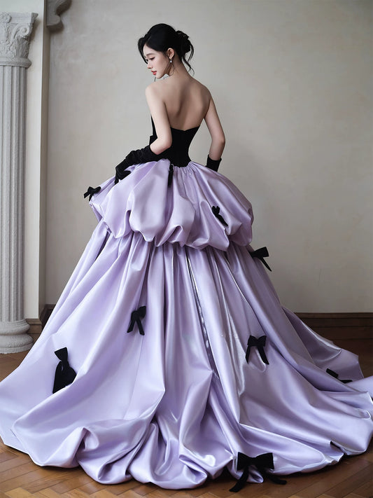 Splendid Strapless Black Velvet Prom Dress With Sleeve Purple Satin Bows A-Line Formal Gowns AP7054