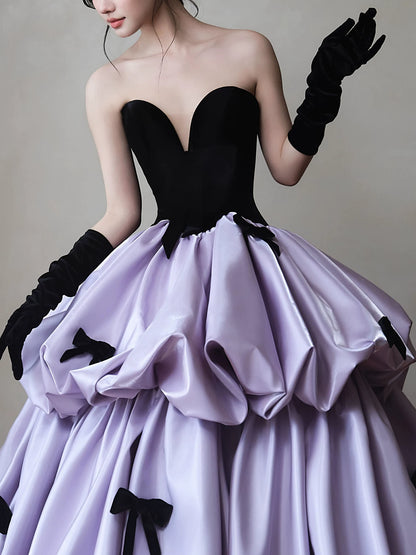 Splendid Strapless Black Velvet Prom Dress With Sleeve Purple Satin Bows A-Line Formal Gowns AP7054