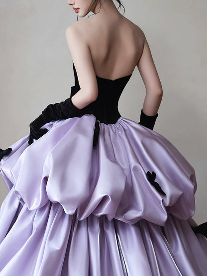 Splendid Strapless Black Velvet Prom Dress With Sleeve Purple Satin Bows A-Line Formal Gowns AP7054