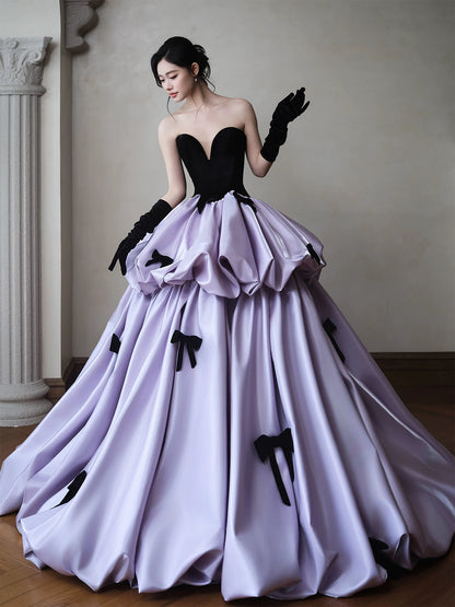 Splendid Strapless Black Velvet Prom Dress With Sleeve Purple Satin Bows A-Line Formal Gowns AP7054