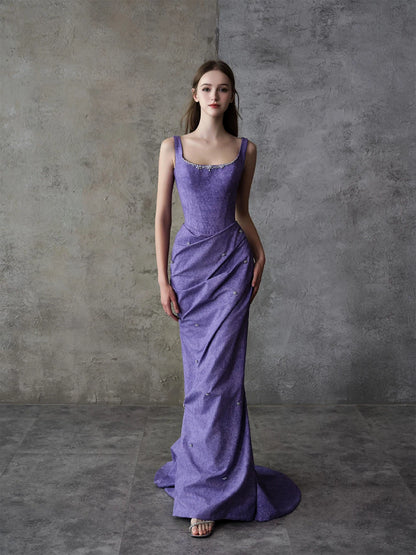 Enticing Spaghetti Strap Lavender Prom Dresses Beading Mermaid Evening Dress AP7055