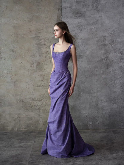 Enticing Spaghetti Strap Lavender Prom Dresses Beading Mermaid Evening Dress AP7055