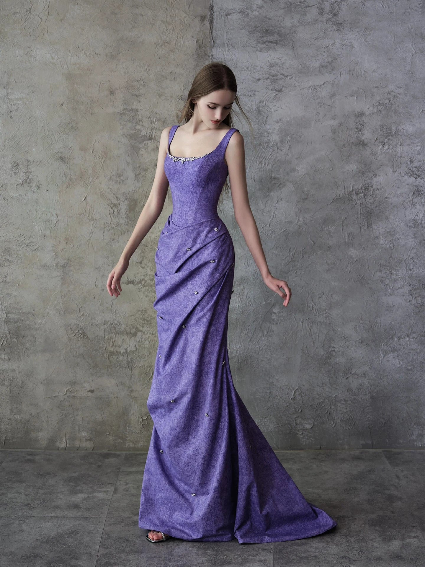 Enticing Spaghetti Strap Lavender Prom Dresses Beading Mermaid Evening Dress AP7055