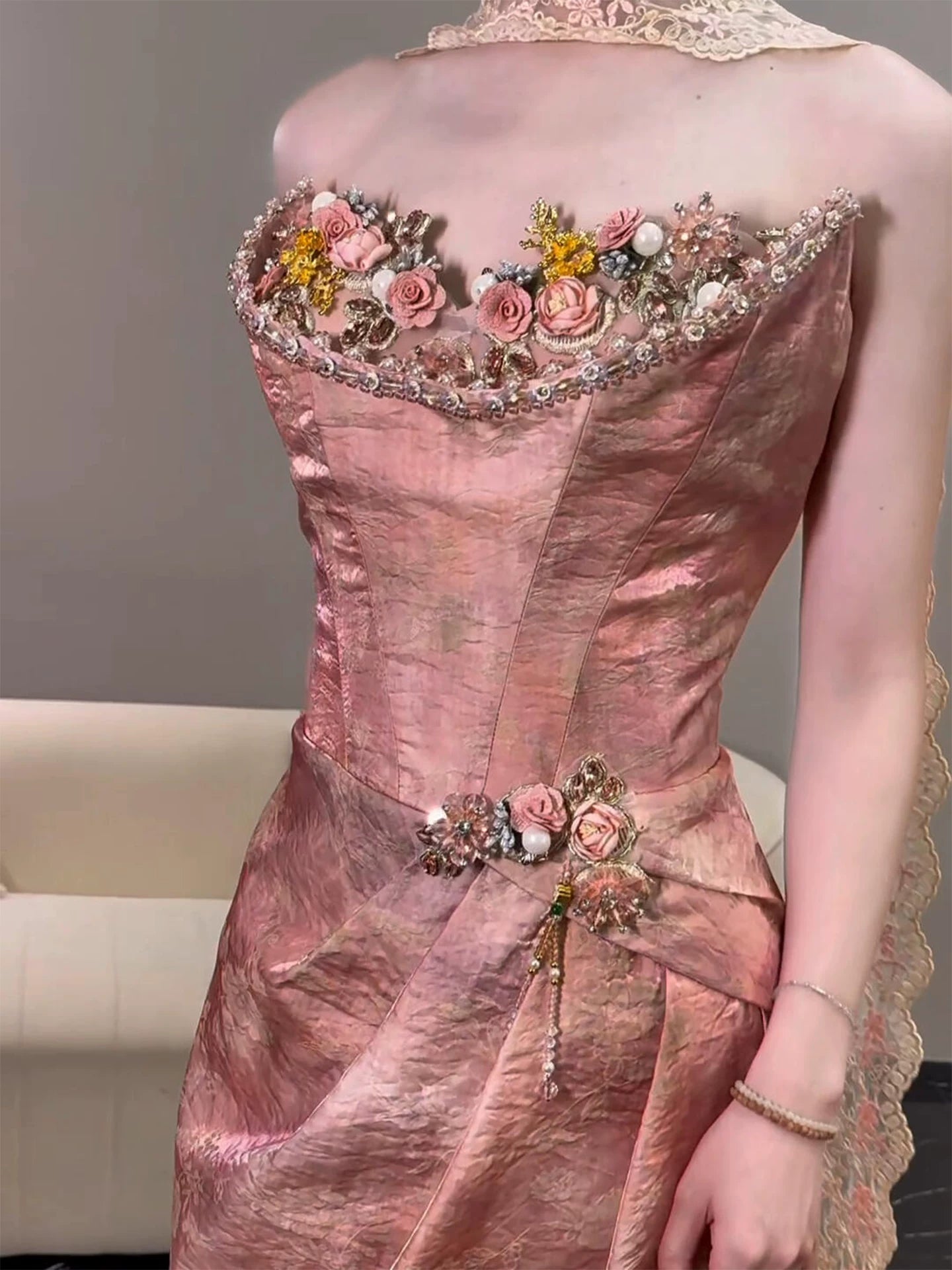Shiny Strapless Pink Prom Dress With Scarf Sheath Beading Appliques Formal Dress AP7056