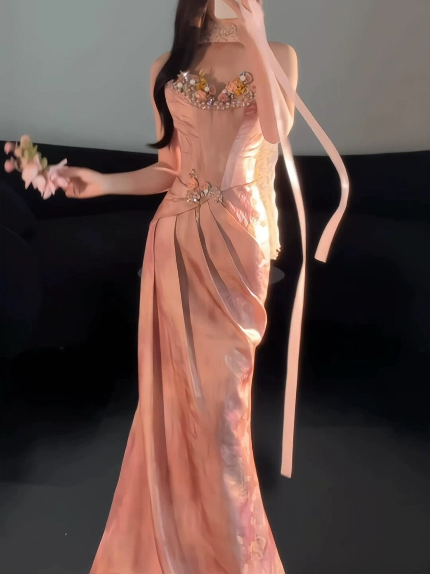 Shiny Strapless Pink Prom Dress With Scarf Sheath Beading Appliques Formal Dress AP7056