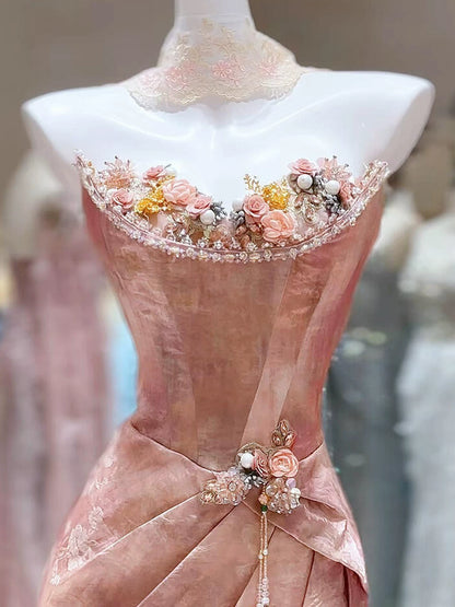 Shiny Strapless Pink Prom Dress With Scarf Sheath Beading Appliques Formal Dress AP7056