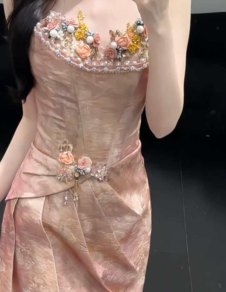 Shiny Strapless Pink Prom Dress With Scarf Sheath Beading Appliques Formal Dress AP7056