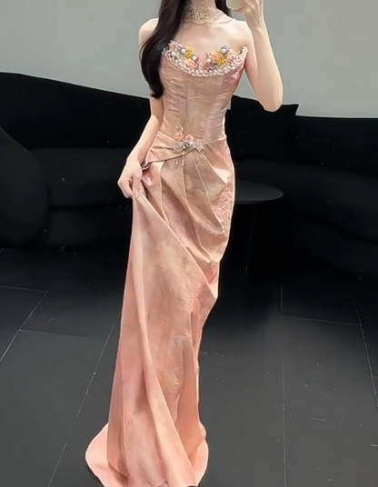 Shiny Strapless Pink Prom Dress With Scarf Sheath Beading Appliques Formal Dress AP7056