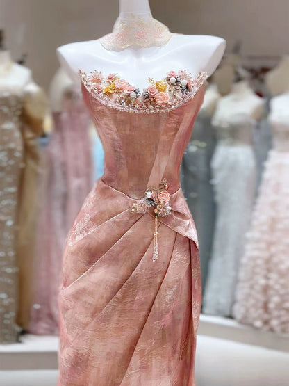 Shiny Strapless Pink Prom Dress With Scarf Sheath Beading Appliques Formal Dress AP7056