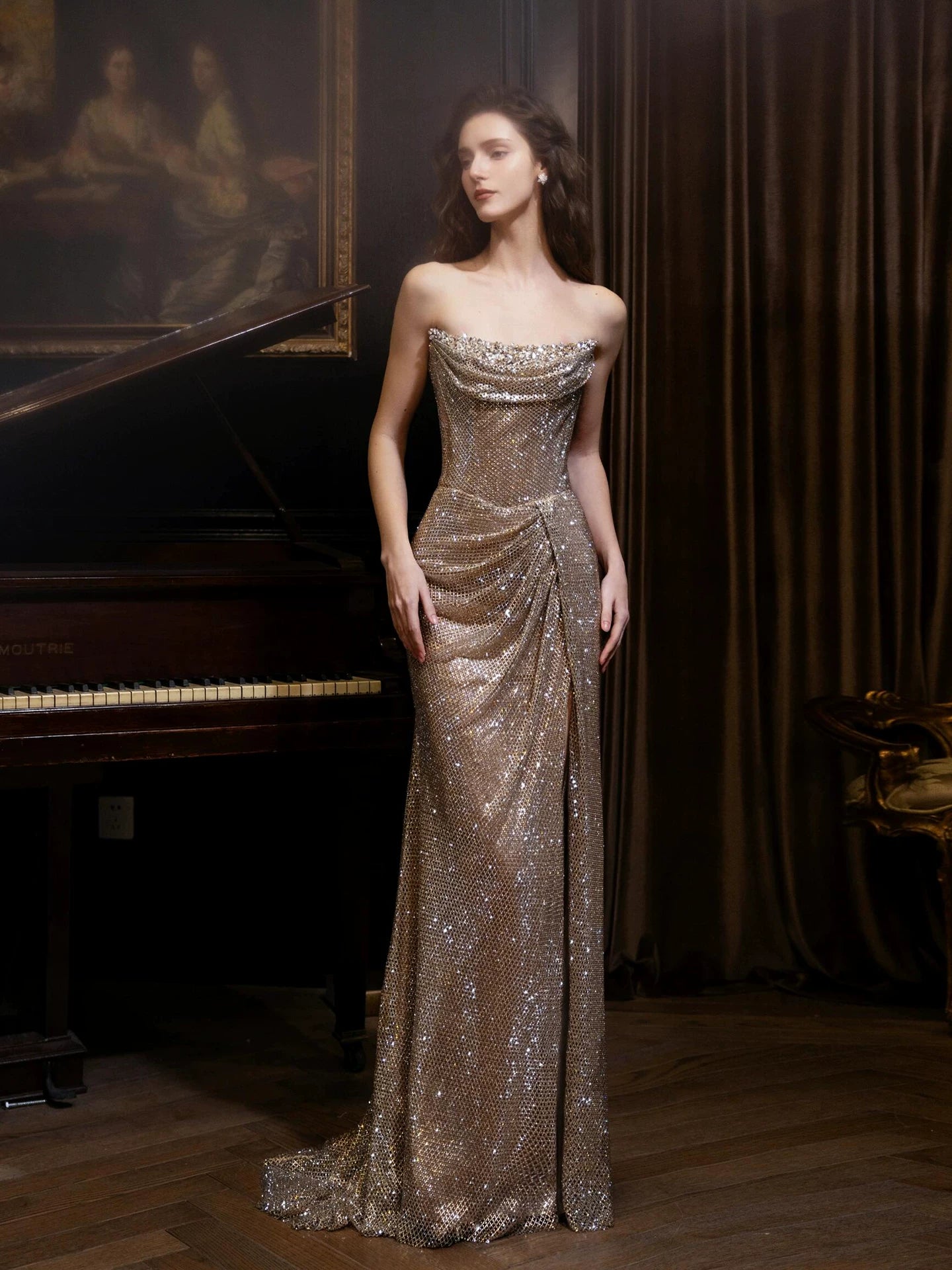 Avant-Garde Strapless Beading Prom Dress Gold Sequins Mermaid Formal Dress AP7057