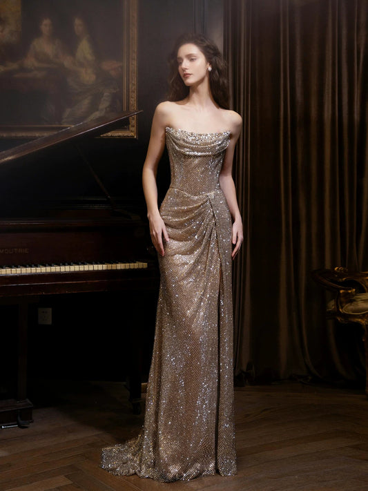 Avant-Garde Strapless Beading Prom Dress Gold Sequins Mermaid Formal Dress AP7057