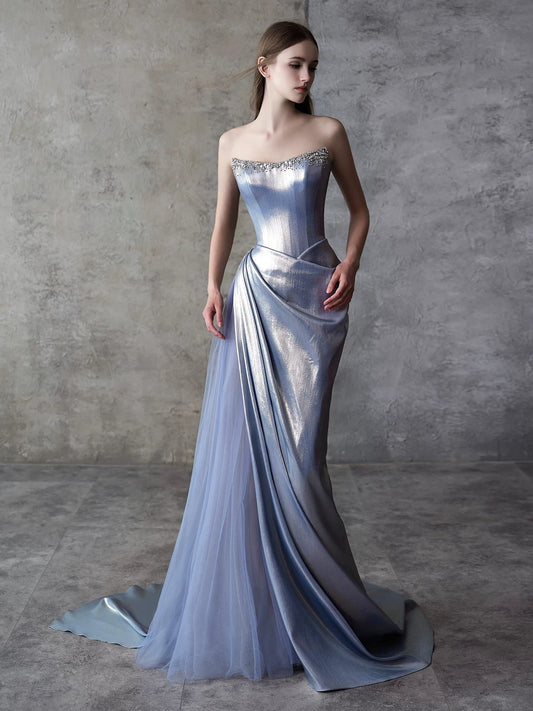 Strapless Beaded Blue Prom Dress Satin Tulle A-Line Formal Gowns AP7058