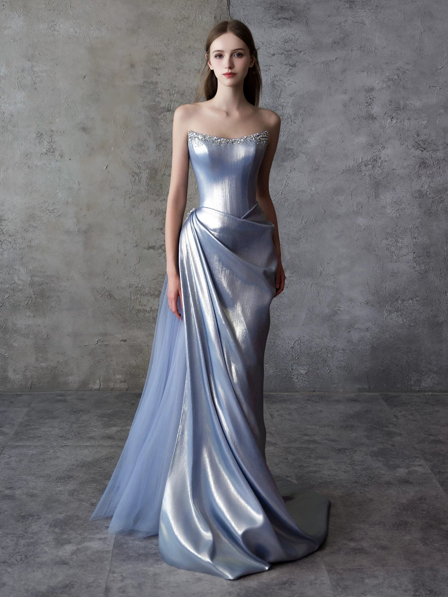 Strapless Beaded Blue Prom Dress Satin Tulle A-Line Formal Gowns AP7058