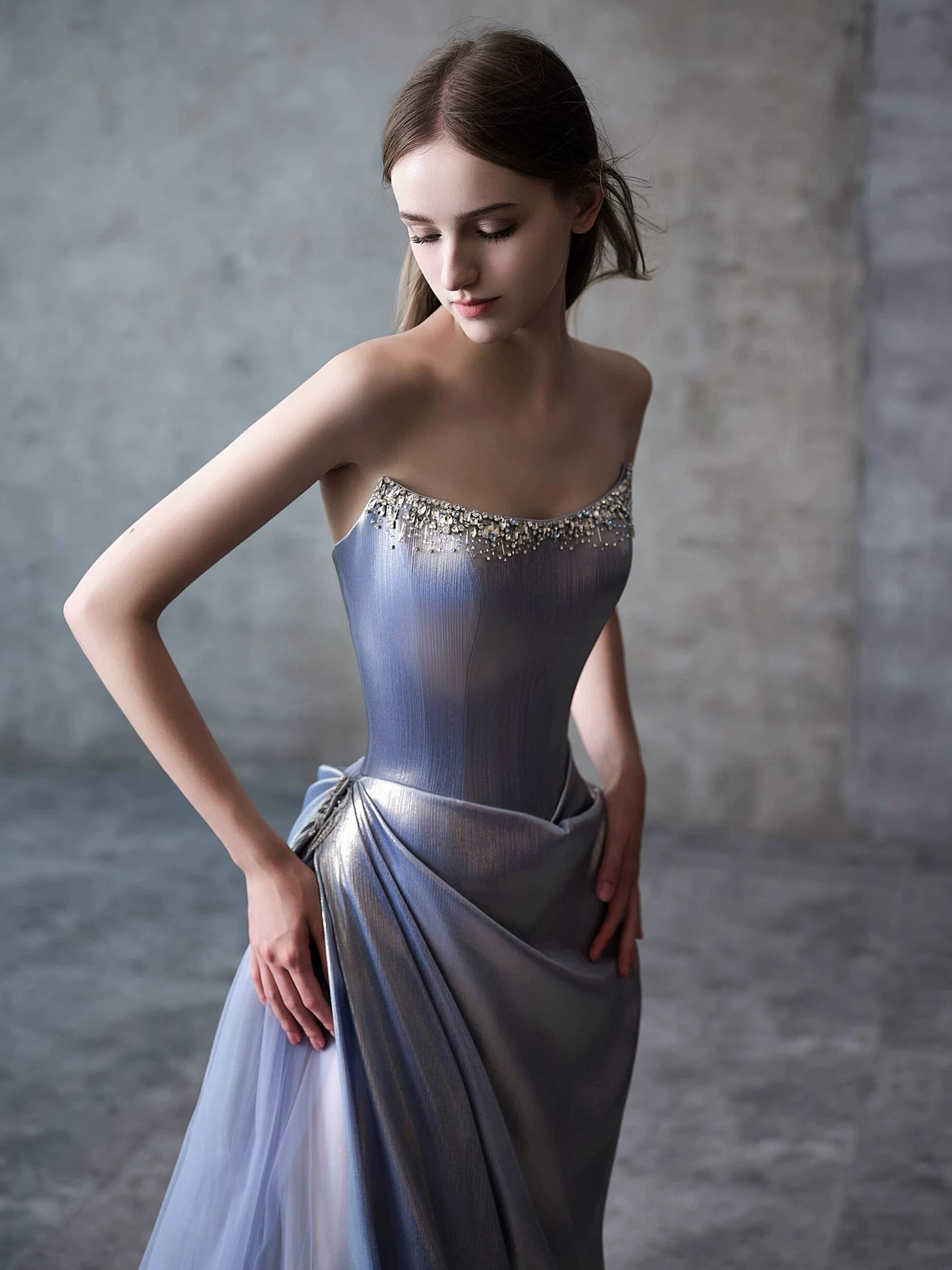 Strapless Beaded Blue Prom Dress Satin Tulle A-Line Formal Gowns AP7058