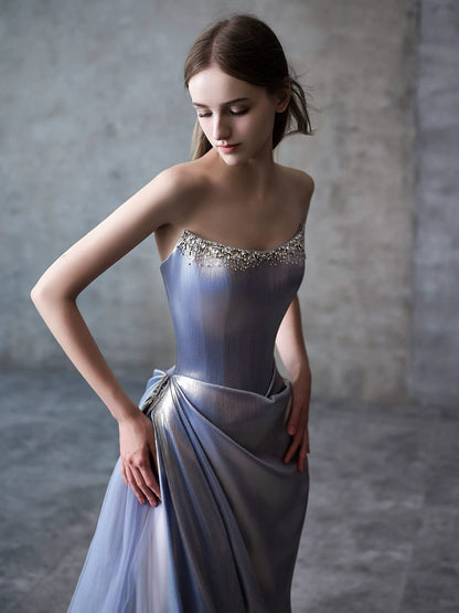 Strapless Beaded Blue Prom Dress Satin Tulle A-Line Formal Gowns AP7058