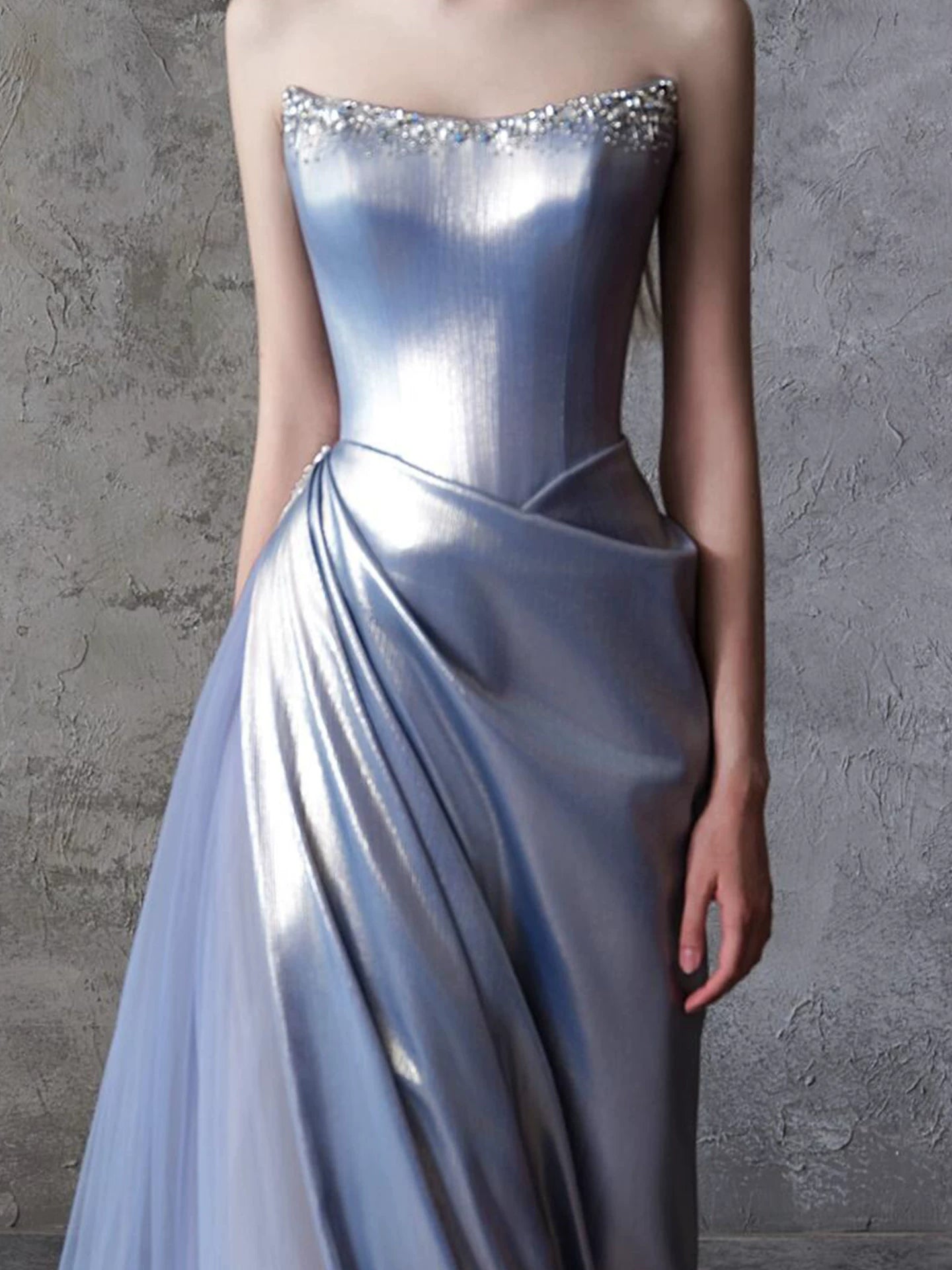 Strapless Beaded Blue Prom Dress Satin Tulle A-Line Formal Gowns AP7058